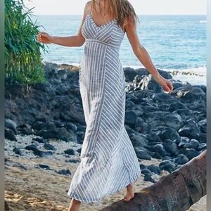 Athleta Stripe Wayfinder Maxi Flare Long Shift Dress Size 14 Blue Beach Summer